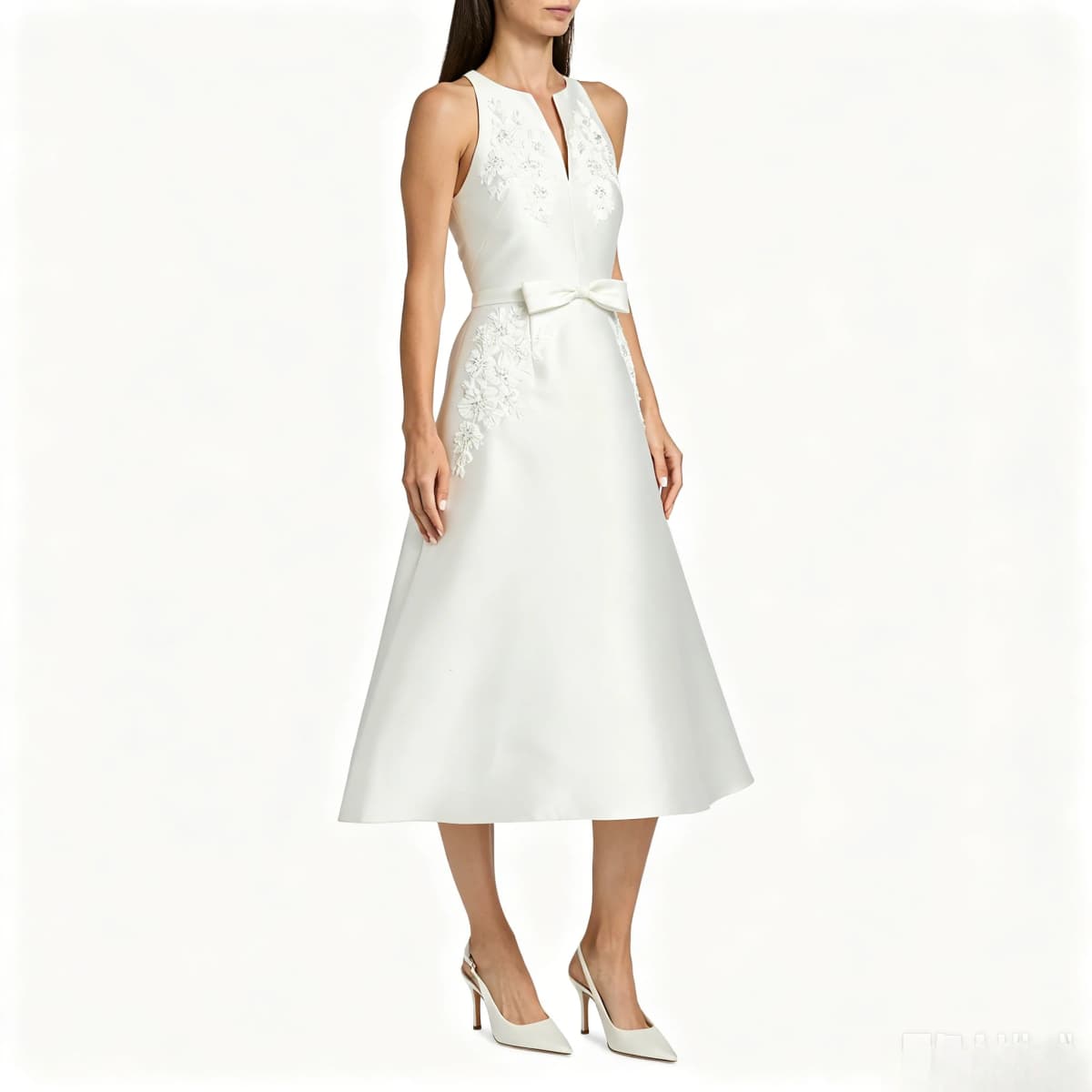 Customized Elegant Minimalist White Satin Midi Cocktail Dress Featuring Sleeveless Halter Keyhole Vertical Floral Lace Appliqués