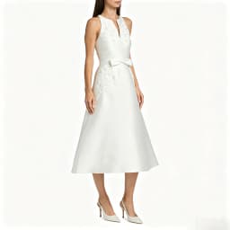 Customized Elegant Minimalist White Satin Midi Cocktail Dress Featuring Sleeveless Halter Keyhole Vertical Floral Lace Appliqués
