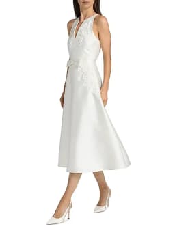 Customized Elegant Minimalist White Satin Midi Cocktail Dress Featuring Sleeveless Halter Keyhole Vertical Floral Lace Appliqués