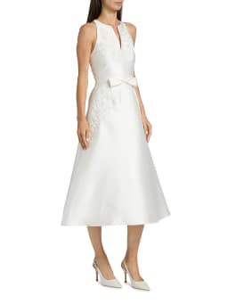 Customized Elegant Minimalist White Satin Midi Cocktail Dress Featuring Sleeveless Halter Keyhole Vertical Floral Lace Appliqués