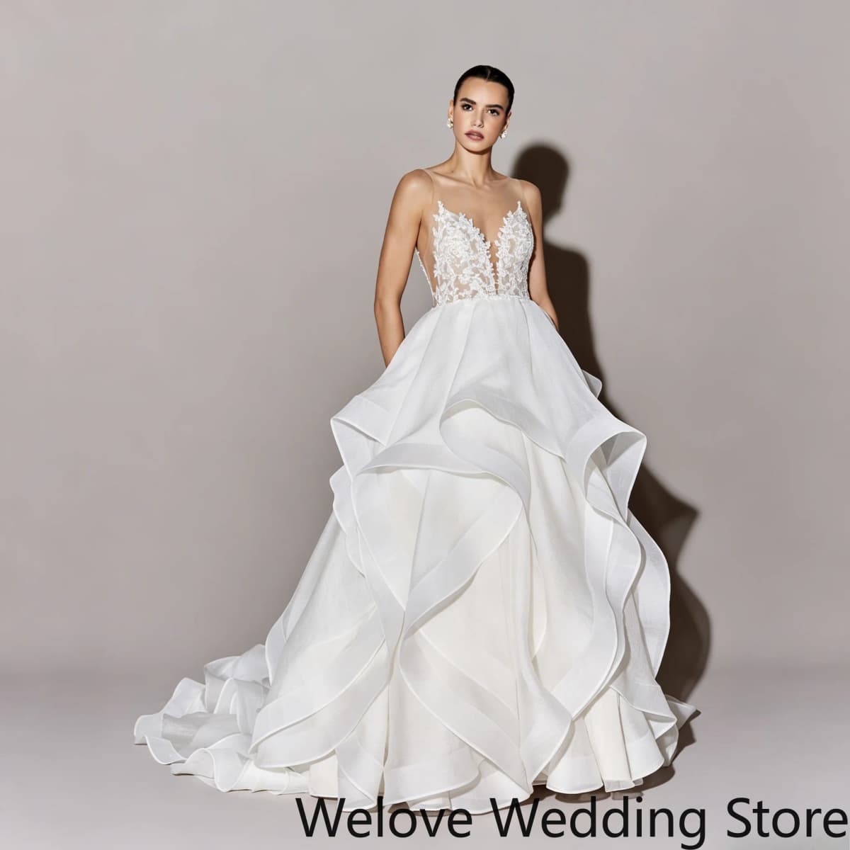 Customized White Organza Ball Wedding Gown Featuring Thin Spaghetti Straps Illusion Bodice Covered With 3D Floral Lace Appliqué