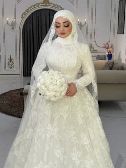 Customized Full Lace Muslim Wedding Dress With Hijab High Neck Long Sleeve Modest A Line Floor Length Islamic Bridal Gown