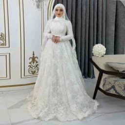 Customized Full Lace Muslim Wedding Dress With Hijab High Neck Long Sleeve Modest A Line Floor Length Islamic Bridal Gown