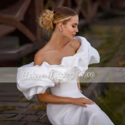 Elegant Satin Mermaid Wedding Dress Off Shoulder Ruffles Short Sleeve White Bridal Gown For Woman Modern Robe De Mariage Custom