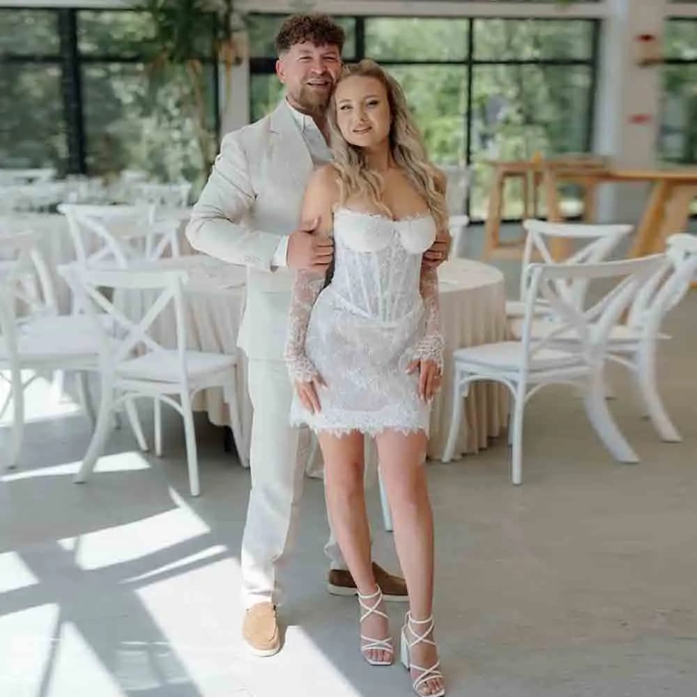 Customized Short Wedding Dress for Women Long Sleeve Lace Corset Bridal Gown Off Shoulder Mini Wedding Party Dress