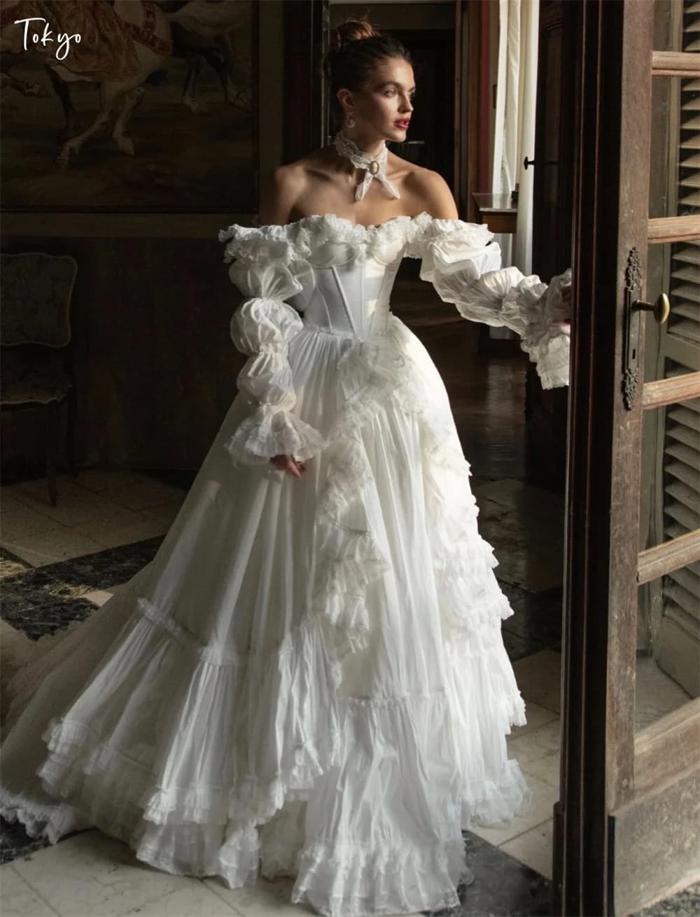 Tokyo White Off the Shoulder Customized Wedding Party Detachable Sleeves Zip Back Bridal Gown Chic A-Line Wedding Gowns 2026