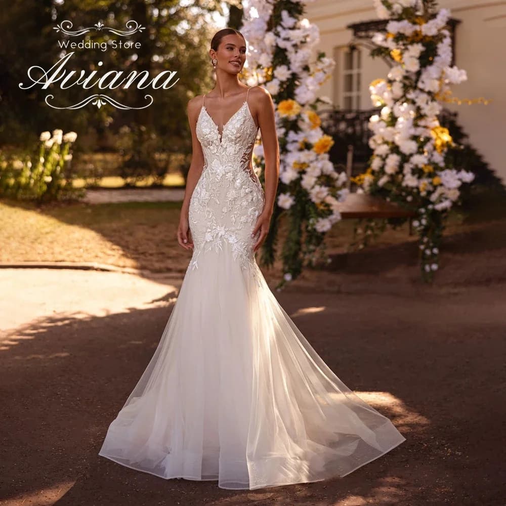 Customized Aviana Spaghetti Strap V-Neck Mermaid Wedding Dress Backless Tulle Appliques Embroidery Sweetheart Vestidos De Novia
