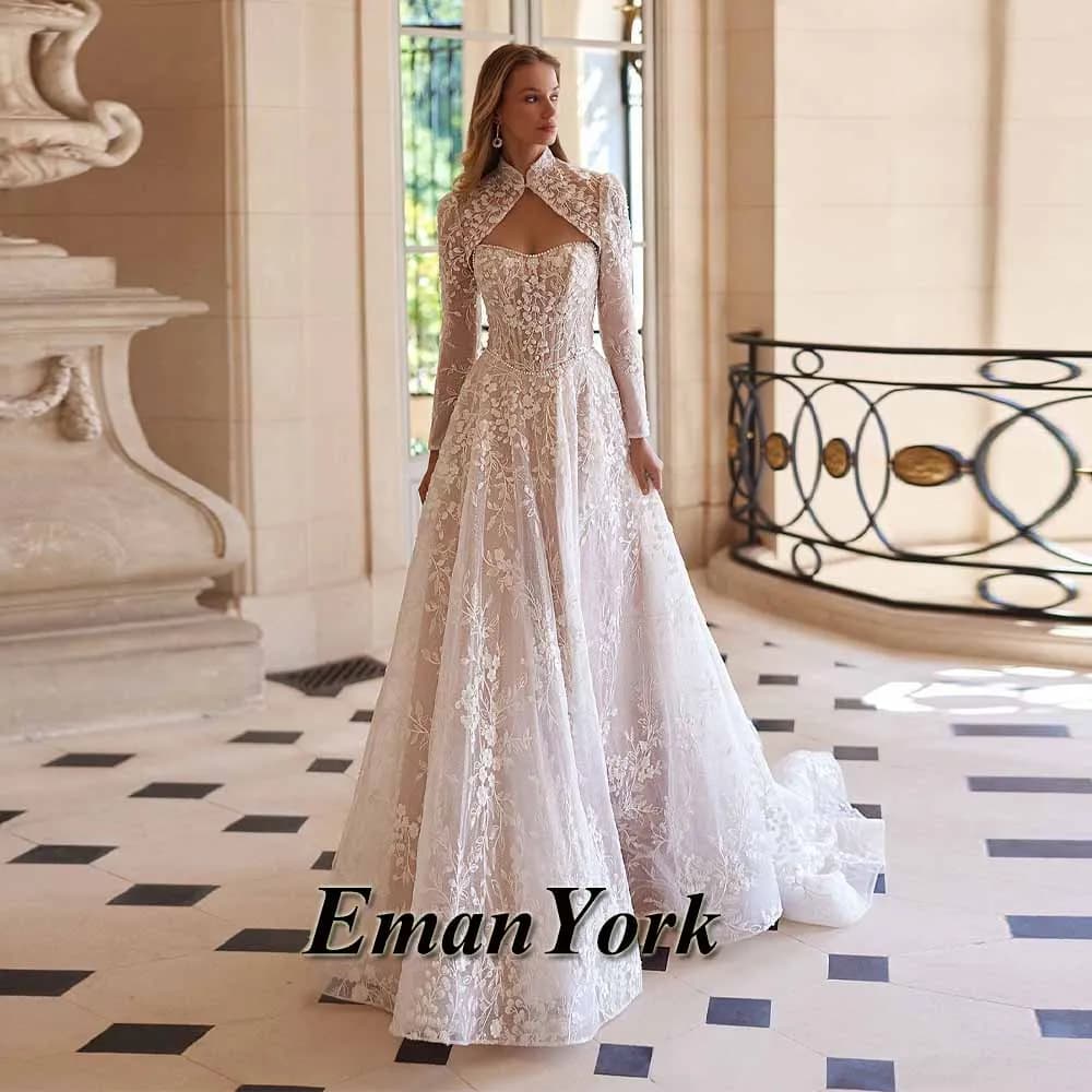 EmanY Delicate Wedding Dresses for Women with Appliques A-line Sleeveless Lace up Pleat Robe De Soiree De Mariage Customized