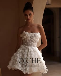 QICHE Mini 3D Flowers With Pearls Wedding Dress Detachable Puffy Sleeve And Train vestidos de novia A-line After Party