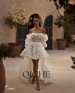 QICHE Mini 3D Flowers With Pearls Wedding Dress Detachable Puffy Sleeve And Train vestidos de novia A-line After Party