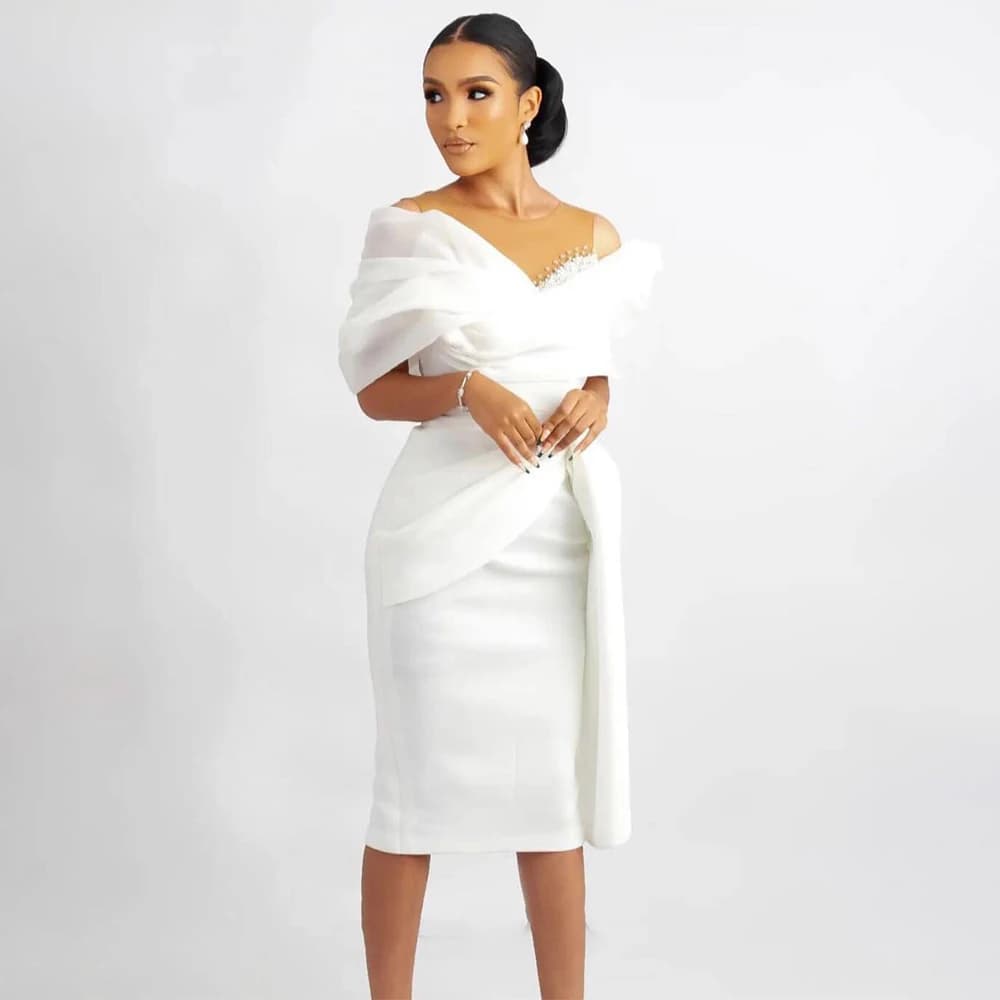 Customized Short Wedding Dress White Off the Shoulder Sheath/Column Wedding Gown for Women Bride Knee Length Beaded Bridal Gown