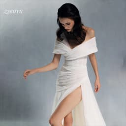 ZIBUYU Customized 2026 Simple Elegant Luxury Wedding Dress Off Shoulder Backless Floor Length Tulle Ruched High Slit Bridal Gown