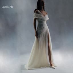 ZIBUYU Customized 2026 Simple Elegant Luxury Wedding Dress Off Shoulder Backless Floor Length Tulle Ruched High Slit Bridal Gown