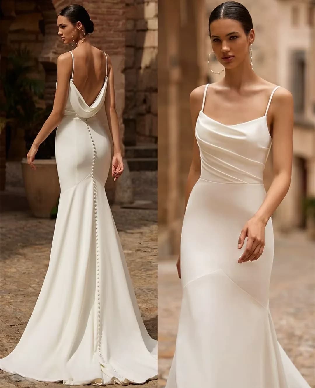Customized Elegant Long Spaghetti Crepe Wedding Dresses Mermaid Pleated Vestido de novia Buttons Zipper Back Bridal Gowns 2025