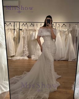 BM Bridal Fashion Mermaid Wedding Dresses for Woman Off the Shoulder Tulle Detachable Train Robes De Soirée Plus Size Customized