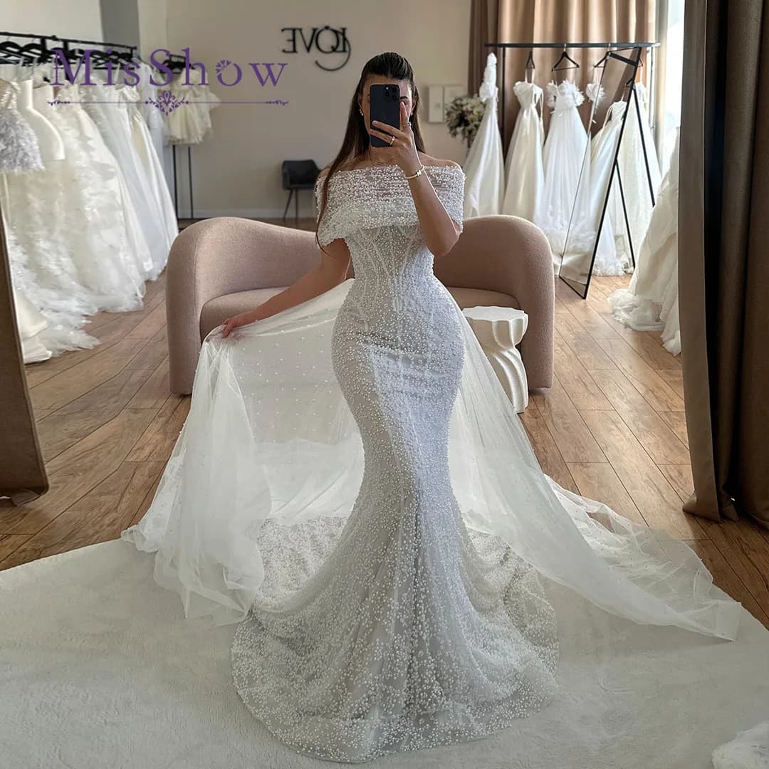 BM Bridal Fashion Mermaid Wedding Dresses for Woman Off the Shoulder Tulle Detachable Train Robes De Soirée Plus Size Customized