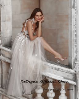 SoDigne A-Line Tulle Wedding Dress Sleeveless V-neck Lace Appliques Women Backless Boho Split Long Bridal Gown Customized