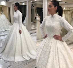 Customized Lace Bride Dress Beading Muslim Wedding Dress Long Vintage O -Neck Wedding Gown Long Train Mariage