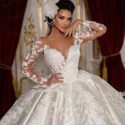 Vintage Wedding Dress Satin With Embroidery Lace Princess Ball Gown O-Neck Full Sleeve Customized Bride Dress Vestido De Novia