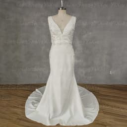 Elegant Satin Mermaid Wedding Dress Deep V Neck Lace Appliques Illusion Open Back Pearls Buttons Bridal Gown Sweep Train Custom