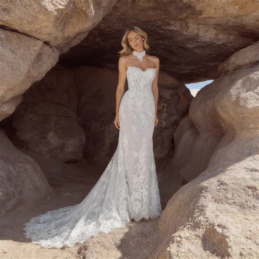 Customized Sweetheart Neckline Detachable Long Sleeves Mermaid Wedding Dress Open Back Zipper Floor Length Sweep Train Gown 2026