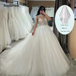 Smileven Long Sleeve Lace Wedding Dresses A Line High Neck Shiny Appliques Bridal Gowns Glitter Tulle vestidos de novia 2026