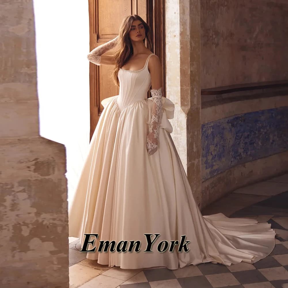 EmanY Attractive Bowknot Wedding Dresses for Women Beads Spaghetti Straps Satin Bridal Dress Vestidos De Novia Customized Plus