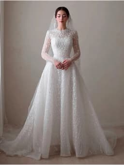 Glitter Wedding Dress Bead Organza With Embroidery A-Line Ballgown High-Neck Full Sleeve Customized Bride Dress Vestido De Novia