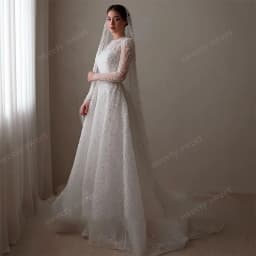 Glitter Wedding Dress Bead Organza With Embroidery A-Line Ballgown High-Neck Full Sleeve Customized Bride Dress Vestido De Novia