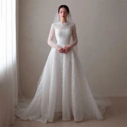 Glitter Wedding Dress Bead Organza With Embroidery A-Line Ballgown High-Neck Full Sleeve Customized Bride Dress Vestido De Novia