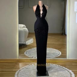 Customized Black Lace فساتين سهرة Sequins Evening Dresses Sleeveless Floor-Length Vestidos De Noiva Halter Neck Mermaid Gowns