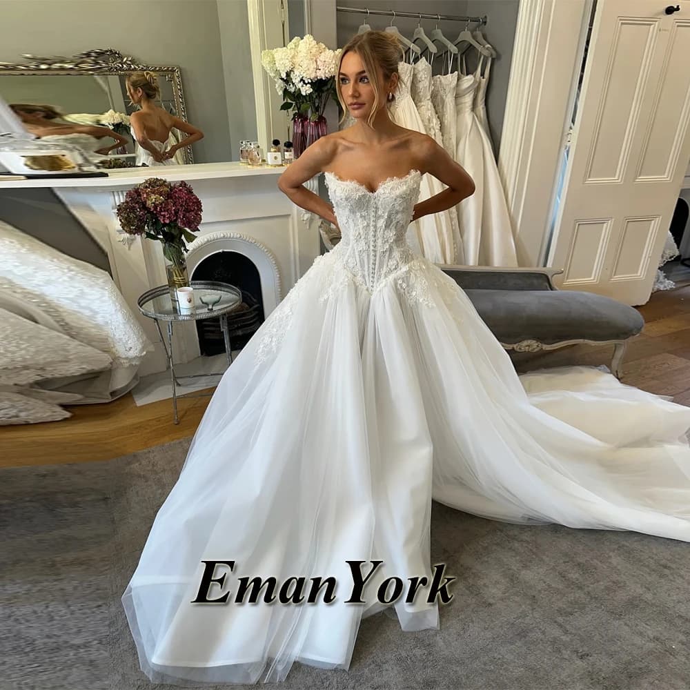 EmanY Charming Wedding Dresses for Mariages A-line Sleeveless Lace up Appliques Court Train Vestido De Casamento Customized