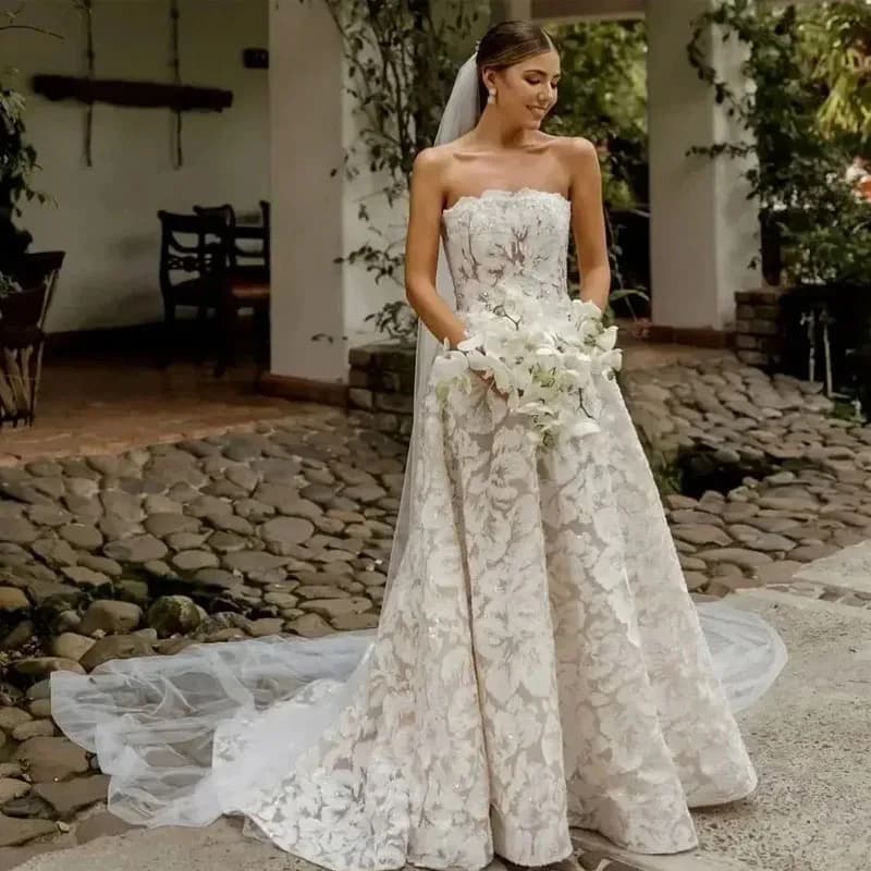 Customized Off The Shoulder Luxury Sequined Lace A Line Wedding Dresses Strapless Vintage Boho Bridal vestidos de novia