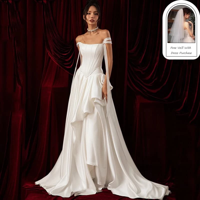 Eightree White A-Line Wedding Dresses Off The Shoulder Ruffled Satin Bridal Dress Princess Wedding Ball Prom Gowns Customized