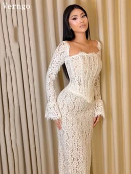 Verngo Elegant Lace Wedding Dress Square Collar Full Sleeves Mermaid Prom Gowns Modest Maxi Bride Gown Customized