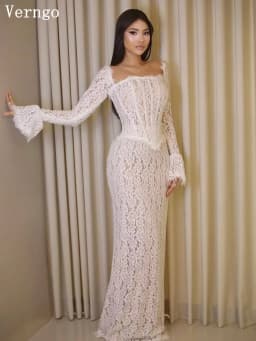 Verngo Elegant Lace Wedding Dress Square Collar Full Sleeves Mermaid Prom Gowns Modest Maxi Bride Gown Customized