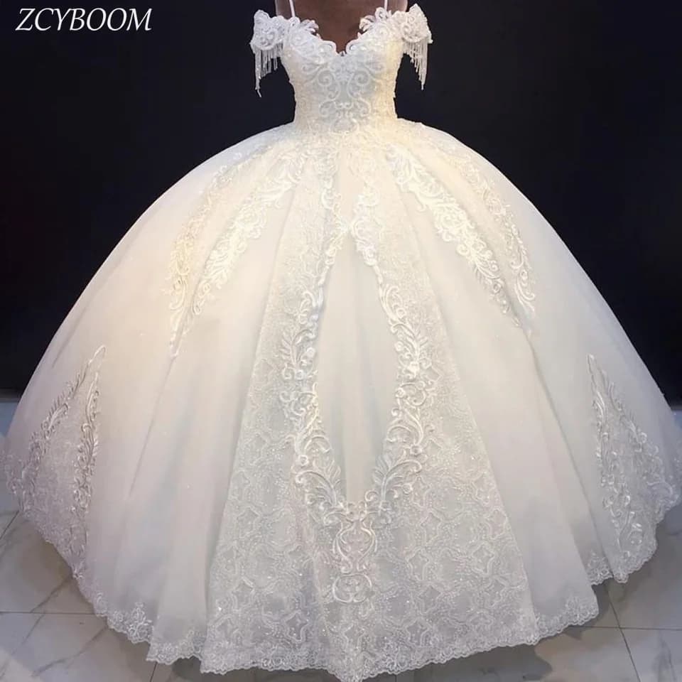 Customized White V-Neck Beaded Appliques Spaghetti Strap Wedding Dress 2026 Ball Gown Floor Length Off The Shoulder Bridal Gown