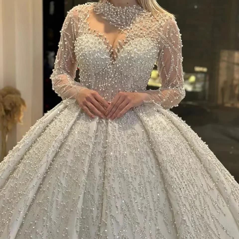 Customized Gorgeous Sparkly Crystal Sequin High Neck Beaded Ball Gown Wedding Dresses Long Sleeves Court Train Sexy Bridal Gowns