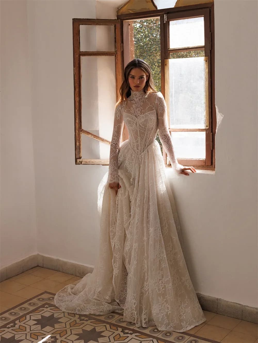 Customized High-Neck Long-Sleeved A-Line Lace Elegant Wedding Dress Vestidos De Novia Amanda Novias Amanda Novias Official