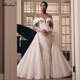Alonlivn Custom Made Luxury Lace 2 In 1 Mermaid Wedding Dress Beading Embroidery Illusion Neck Trumpet Bridal Gowns