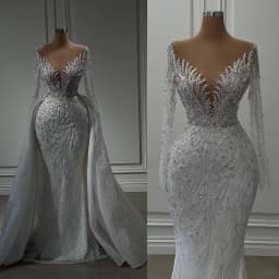 Customized Mermaid Wedding Dresses With Detachable Train Sheer Neck Long Sleeve vestidos de novia Beading Appliques Bride Dress