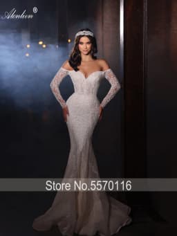 Alonlivn Luxurious Embroidery 2 In 1 Mermaid Bridal Gown Beading Appliques Lace Off Shoulder Sleeves Sweetheart Wedding Dress
