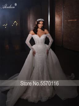 Alonlivn Luxurious Embroidery 2 In 1 Mermaid Bridal Gown Beading Appliques Lace Off Shoulder Sleeves Sweetheart Wedding Dress