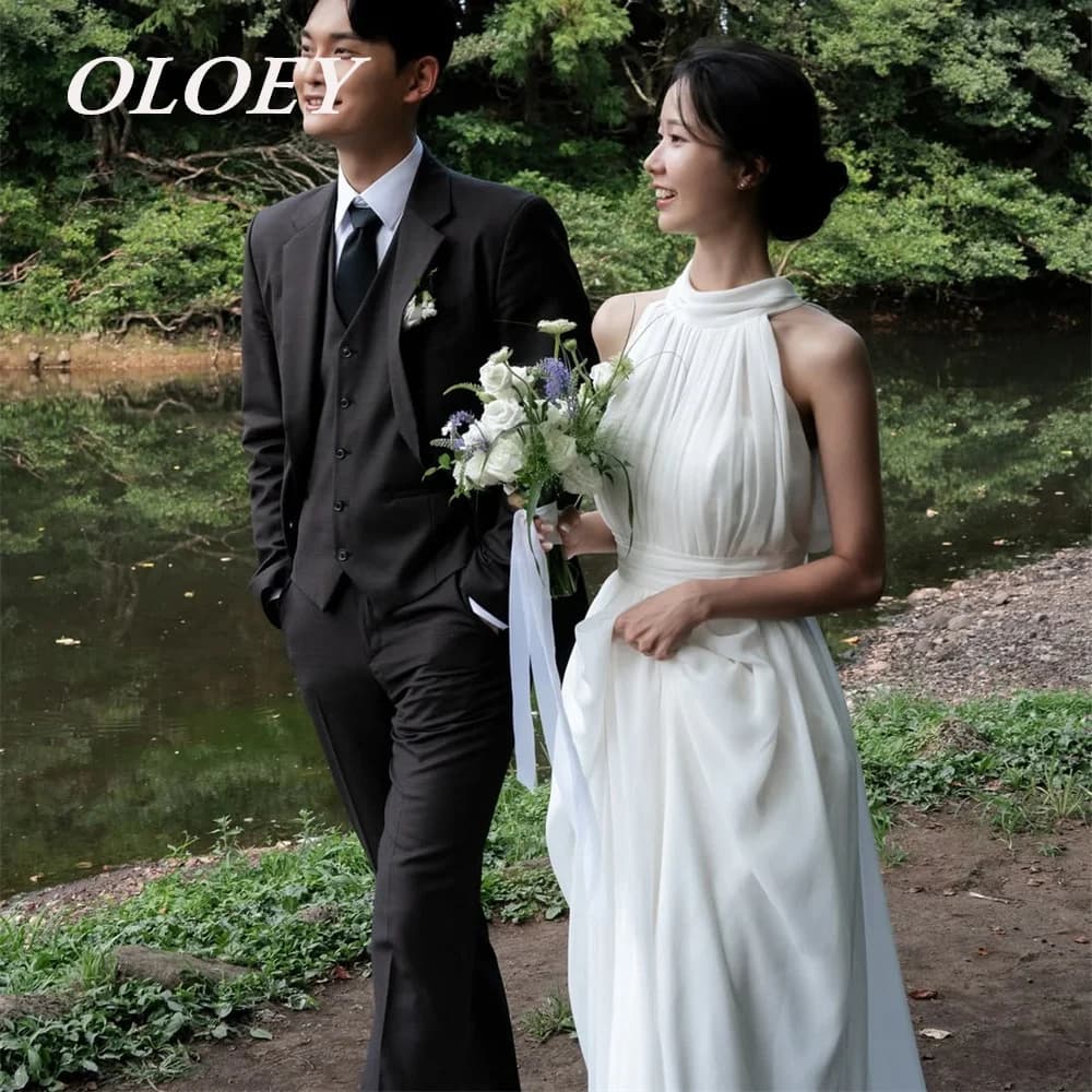 OLOEY Elegant Halter A Line Wedding Dresses Pleats Chiffon Sleeveless Bridal Gowns Korea Photos Shoot Floor Length Customized