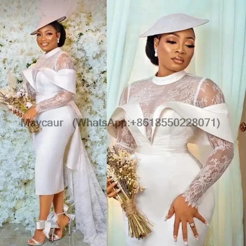Modern Lace Wedding Dress Sheath Long Sleeves Short Wedding Gown Backless Lace Up Tea Length Marriage Dress customized