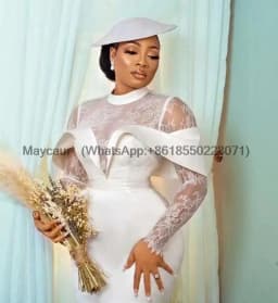 Modern Lace Wedding Dress Sheath Long Sleeves Short Wedding Gown Backless Lace Up Tea Length Marriage Dress customized