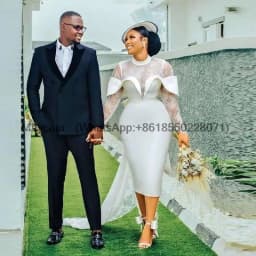 Modern Lace Wedding Dress Sheath Long Sleeves Short Wedding Gown Backless Lace Up Tea Length Marriage Dress customized