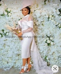 Modern Lace Wedding Dress Sheath Long Sleeves Short Wedding Gown Backless Lace Up Tea Length Marriage Dress customized