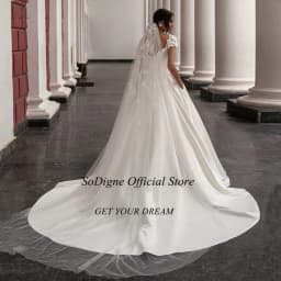 SoDigne Satin Wedding Dress For Women Elegant Cap Sleeves Scoop Neck Flowers Women A-Line Bridal Gown With Pockets Customized