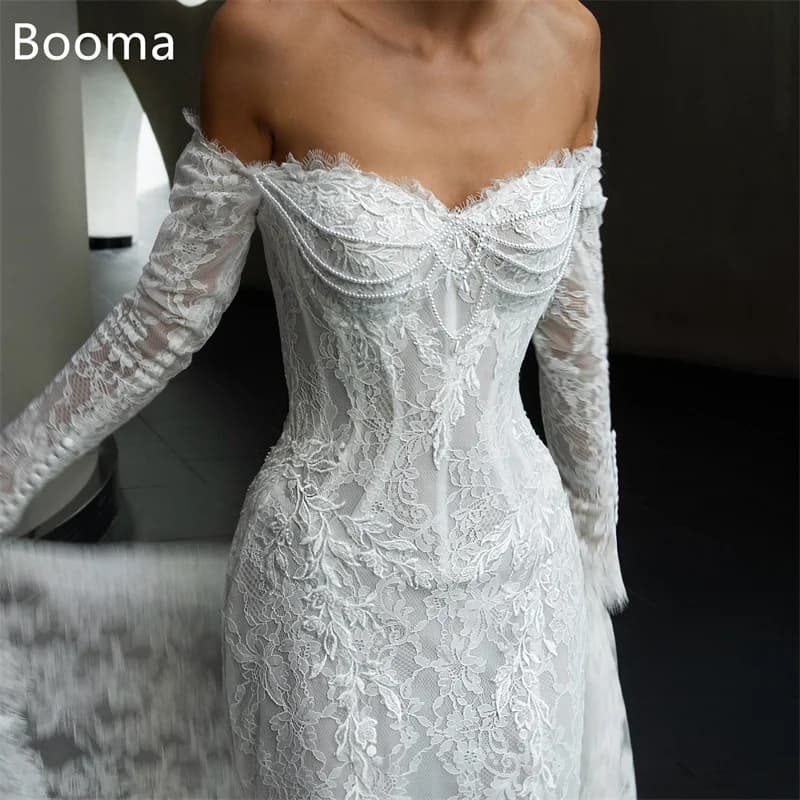 Booma Mermaid Long Pearls Off The Shoulder Elegant Wedding Dresses Floor-Length Lace Appliques Brides Gown Custom Made 2025